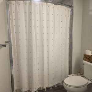 Ellie White And Ivory Embroidered Pom Pom Shower Curtain
